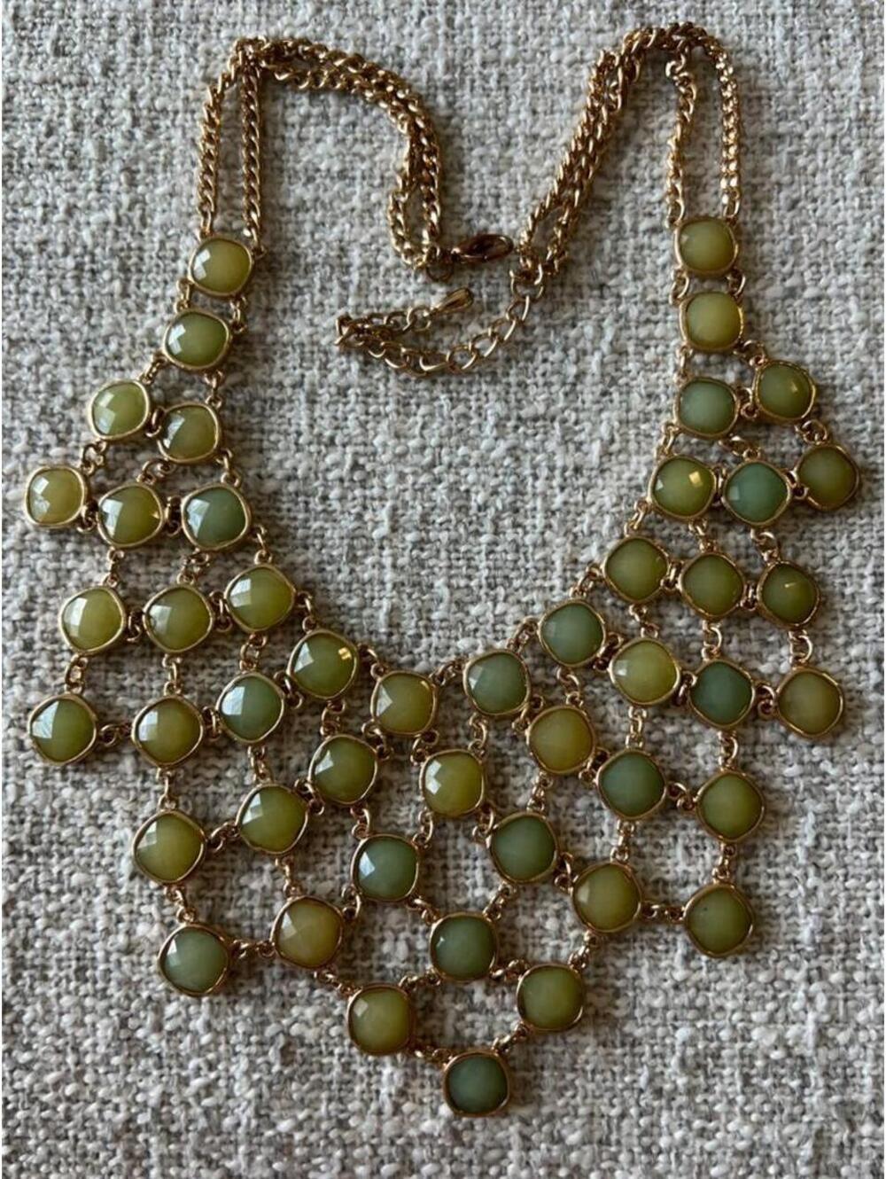 Green & Gold Tone Cushion-Cut Link Necklace